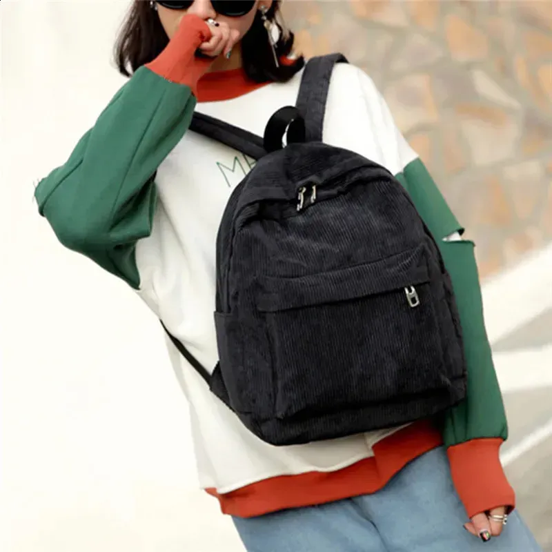 Zaino alla moda da donna in velluto a coste, tinta unita, per la scuola, per giovani, da viaggio, borsa a tracolla 250408l_voghion.com