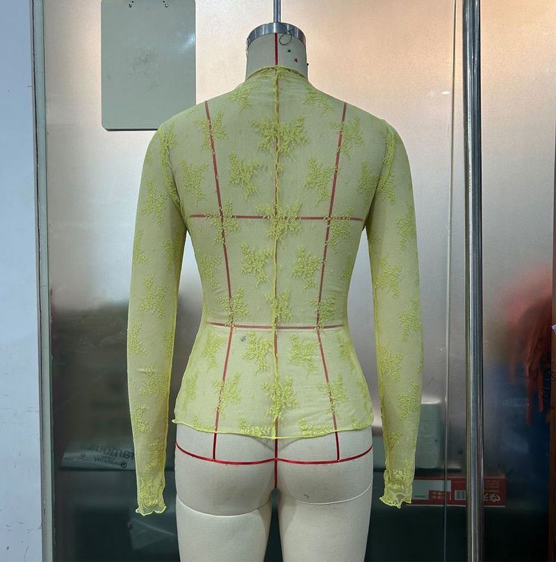 Lace Top With Semi-high Collar And See-through Mesh Base Layer; Sexy_voghion.com