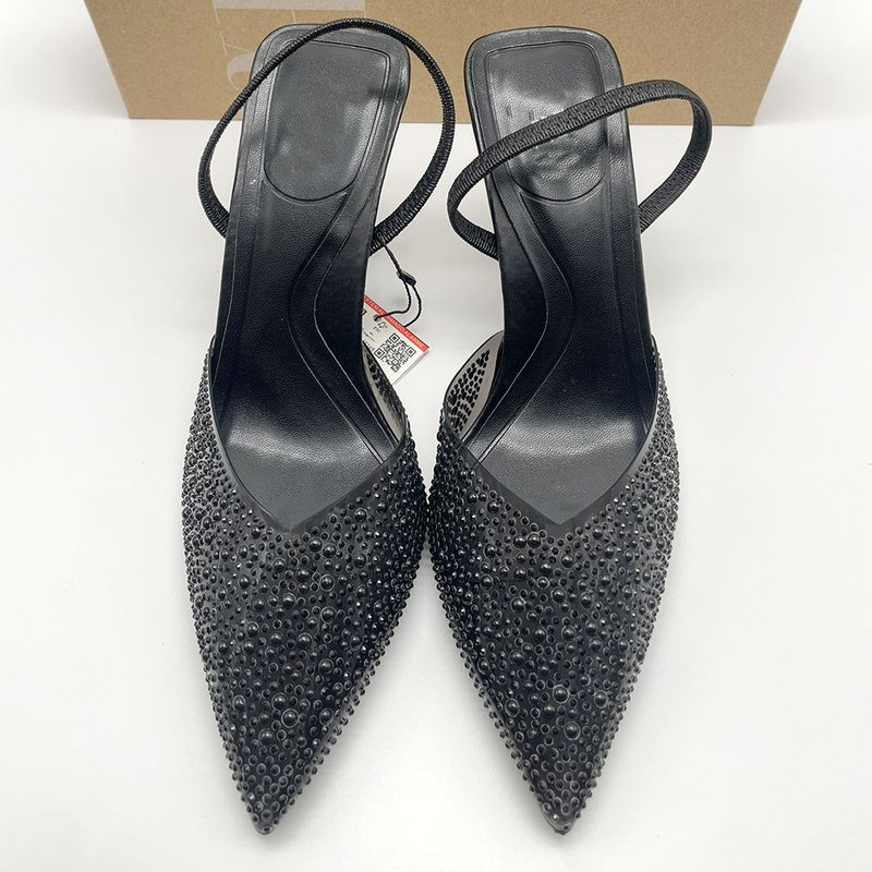 p9French high-heeled women's shoes pointed toe black rhinestones shallow mouth with empty back straps and slingback_voghion.com