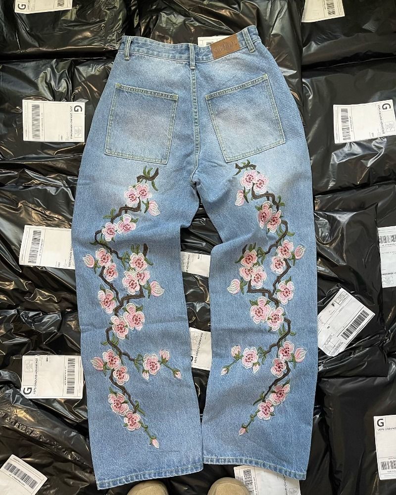 Erkek Giyim Retro Kişilik Sokak Çiçek İşlemeli Kot Pantolon Erkek Ve Kadın Rahat Bol Pantolon_voghion.com