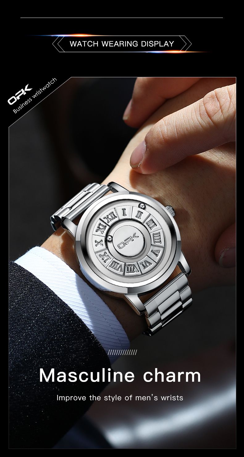 Mens Watch Stainless Steel Quartz Wristwatch 30M Waterproof No Pointer Magnetic Bead Watches For Men_voghion.com