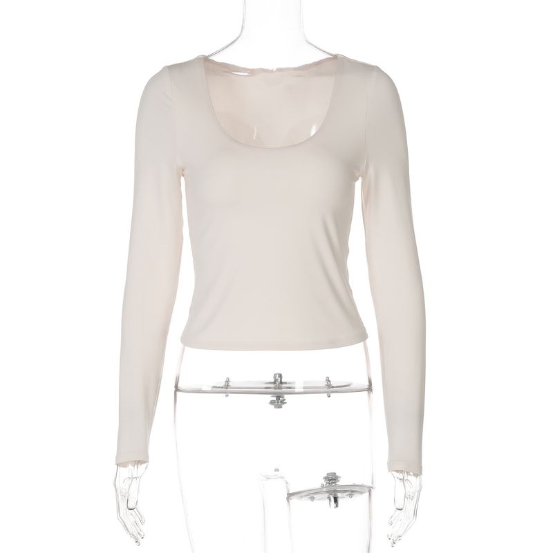 Maglietta da donna in stile autunno 2025, tinta unita, con scollo a U, manica lunga, vestibilità slim, nuova_voghion.com