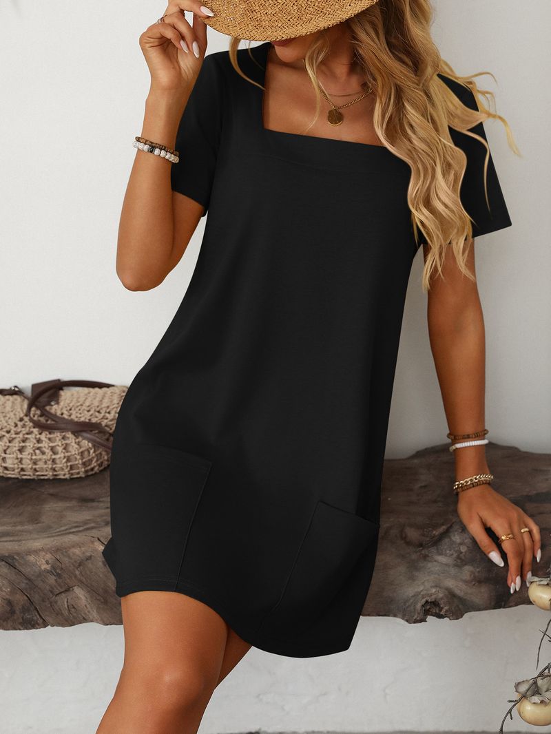 2025 Damen-Freizeitkleid mit quadratischem Ausschnitt und Ärmeln, modischem kurzen Rock und Tasche_voghion.com