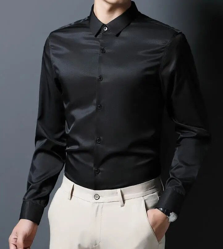 Pánské tričko s dlouhým rukávem vysoké kvality, luxusní, nemačkavé, nežehlivé, jednobarevné, business casual, ledově hedvábný popelín_voghion.com