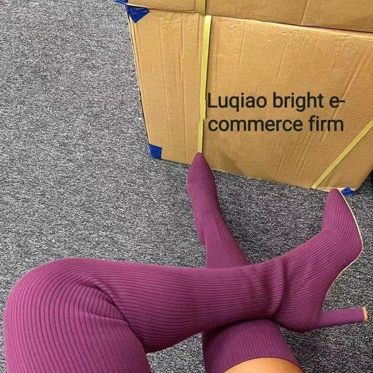 Sock For Women 2022 Summer New Elastic Long Over-the-Knee Chunky Heel Pointed Toe Slim Boots Knitted Socks Autumn Winter_voghion.com