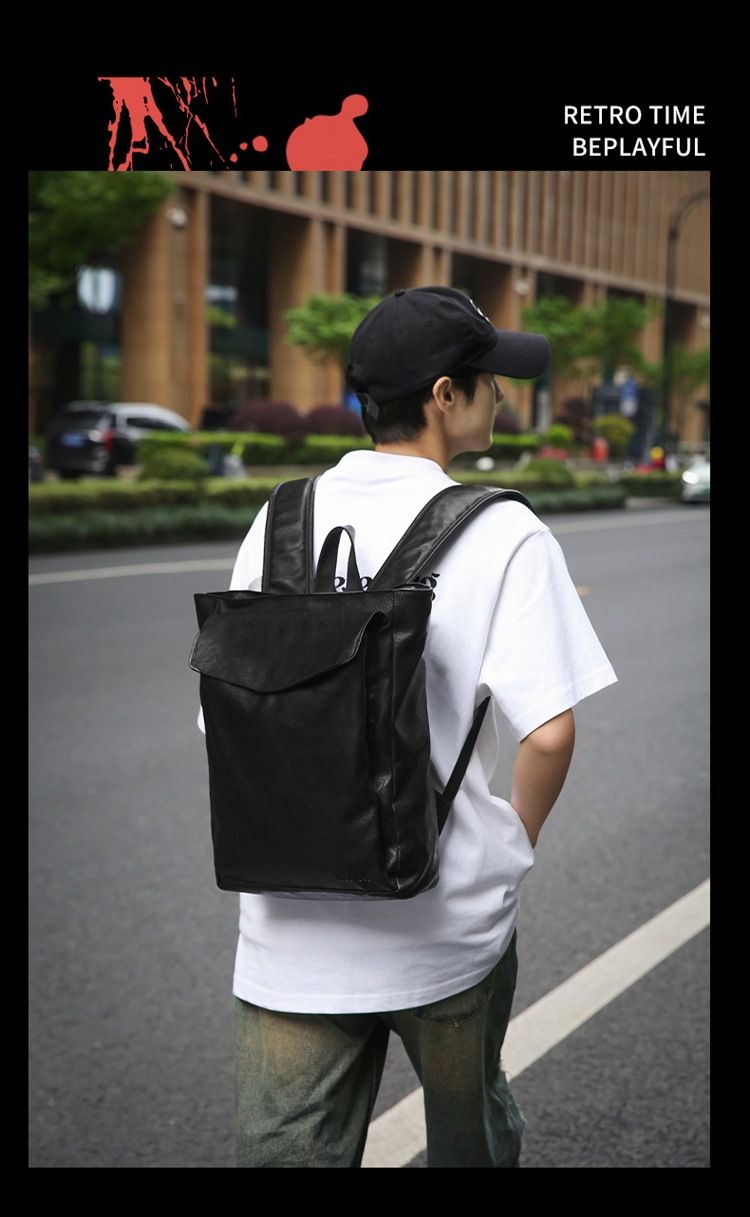 Backpack Men's Backpack Pu Solid Color Motorcycle Men's Large Backpack Travel Travel Daily Commute Large Capacity Backpack_voghion.com