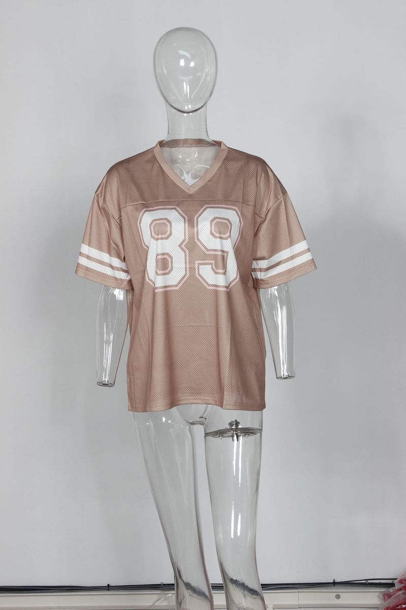 Dameskleding Splicing Letter Printing Losse Sport Stijl Jersey Korte Mouw T-shirt_voghion.com