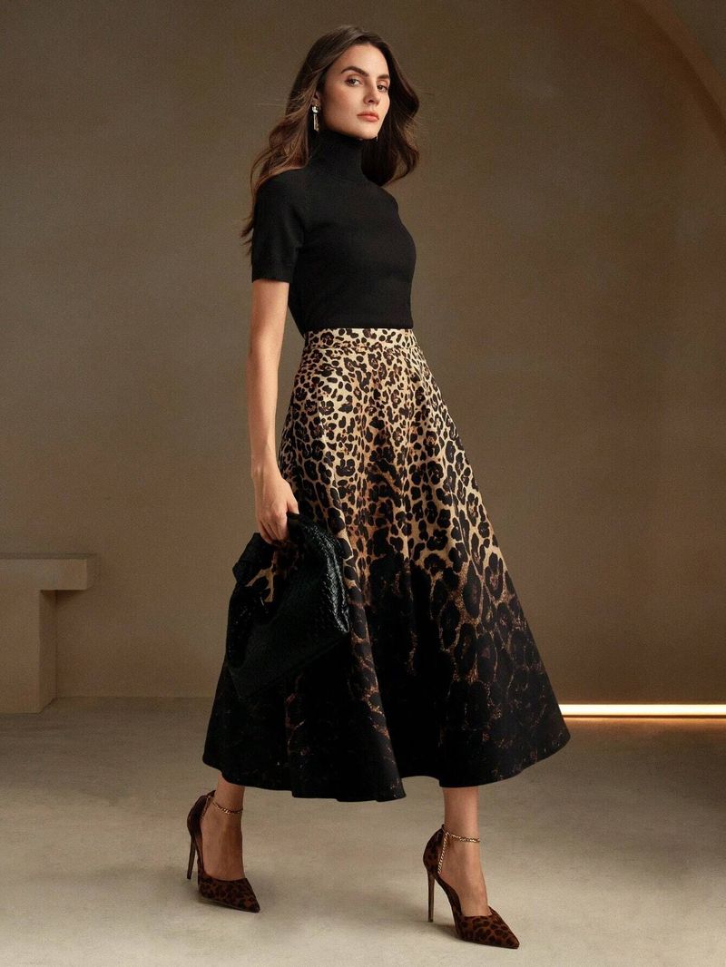 Gonna con stampa leopardata, gonna a tubino di media lunghezza, nuova da donna, gonna a trapezio in velluto dorato, taglia grande, gonna lunga autunnale e invernale_voghion.com