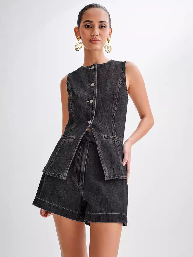 Frauen Kleidung mode lässig ärmellose hohe taille frauen anzug denim shorts_voghion.com