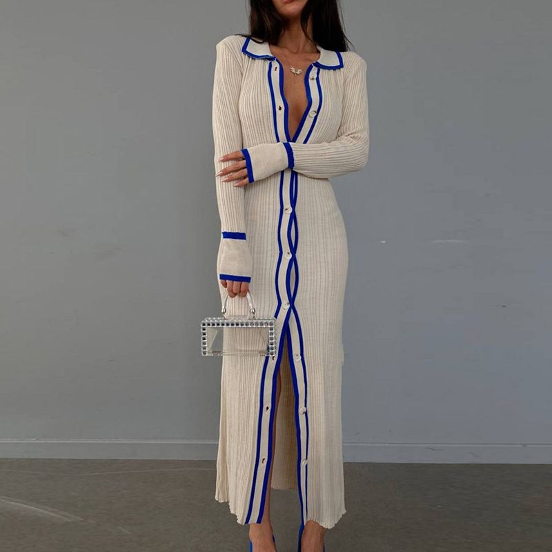 Damenbekleidung – Langärmliges Strickjackenkleid mit schmalen Reversnähten für Damen_voghion.com