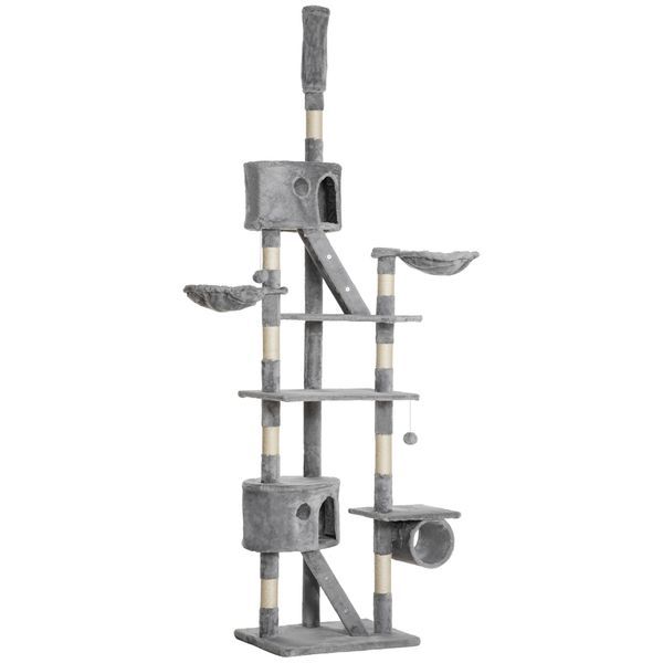 PawHut Floor To Ceiling Cat Tree, 94.5-102.5 Inch Height Adjustable Cat Climbing Tower With Scratching Posts, Condos, Hammocks_voghion.com