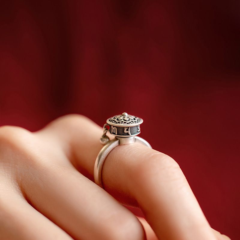 Modni retro budistički šestoliki Sveto pismo okretanje Sutra kotača za muškarce nakit etničko zvono lotosov prsten Sier žene bijou_voghion.com
