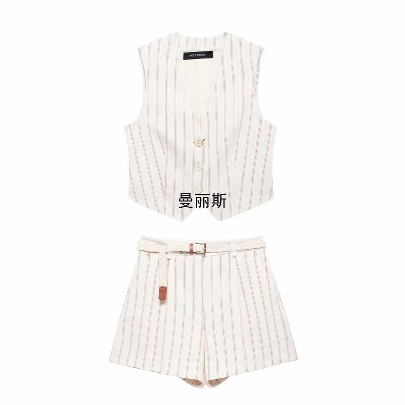 2024 Autumn New Women's Striped Vest Casual Loose Shorts Set_voghion.com