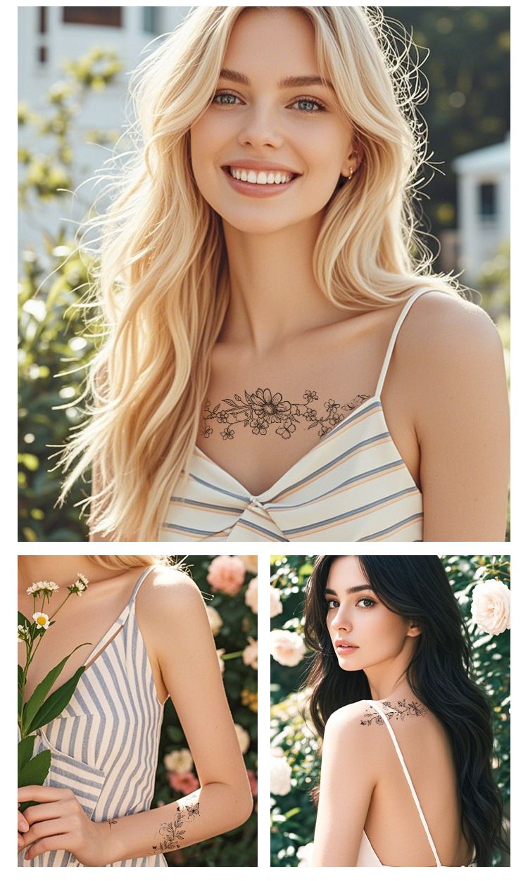 Tatuaggi temporanei con fiori selvatici - Tatuaggi sexy impermeabili in bianco e nero per braccio/petto/clavicola per donne e uomini_voghion.com