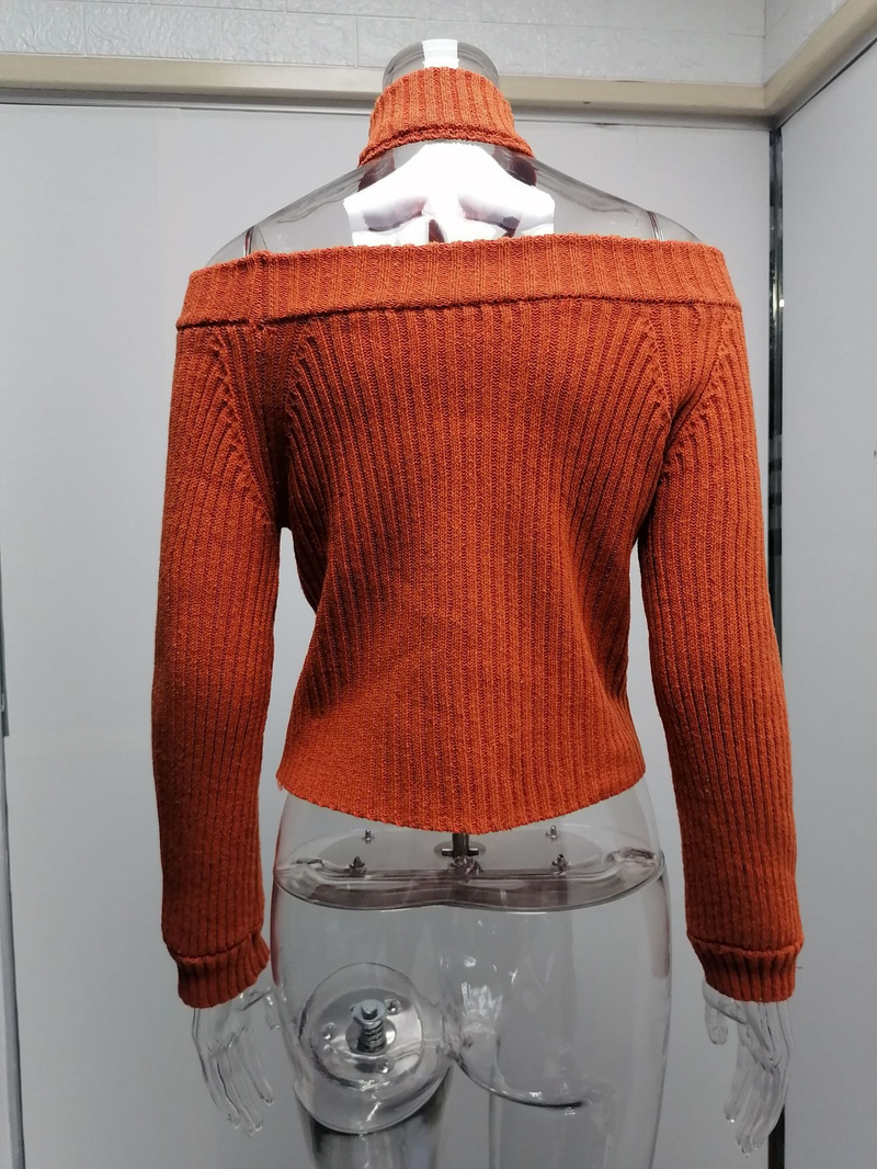 Vrouwen forens OL grote maat sexy off-the-shoulder effen kleur slim-fit gebreide trui vrouwelijk_voghion.com