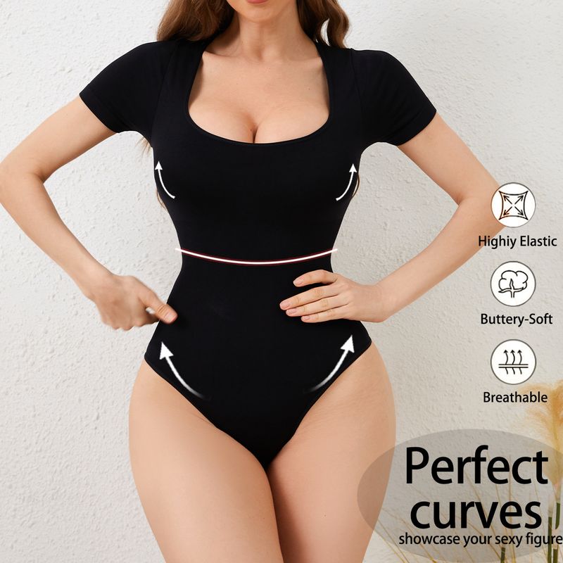 Tuta modellante a maniche corte senza cuciture con scollo quadrato e cintura in vita, molto venduta, per le donne_voghion.com