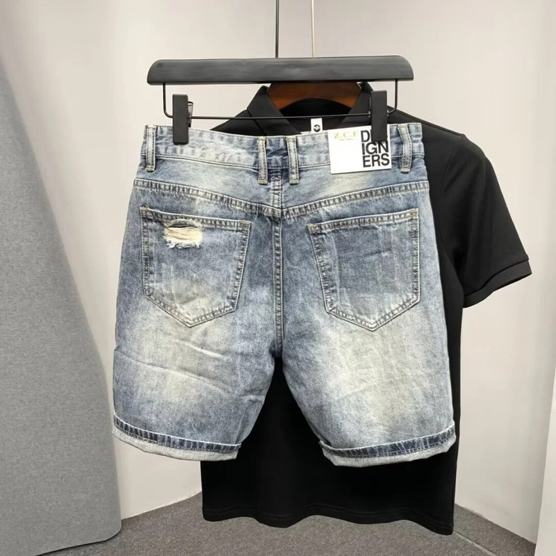 Men Straight Loose Korean Fashion Denim Short Pants Holes Summer Five Piece Jeans Shorts_voghion.com