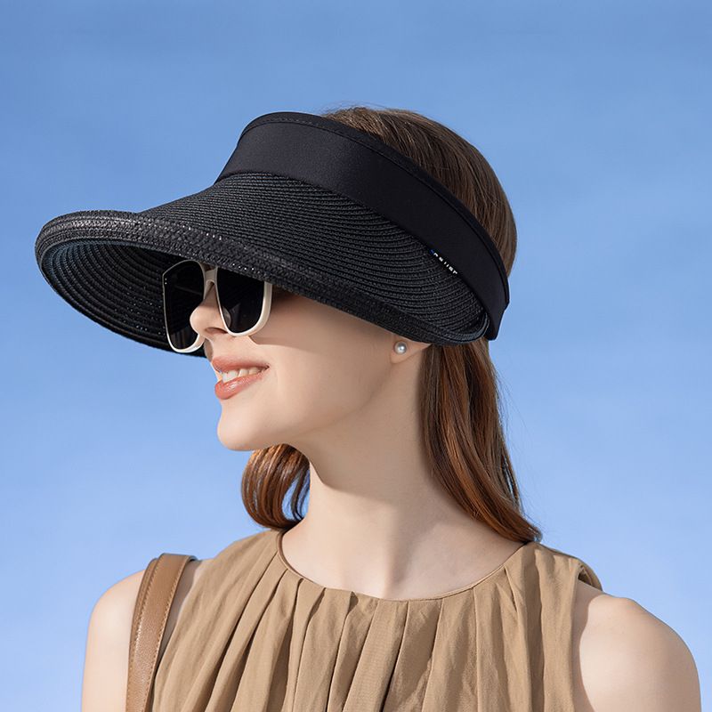 Cappello di paglia con protezione solare da donna, estivo, alla moda, con giunture, con parte superiore vuota_voghion.com