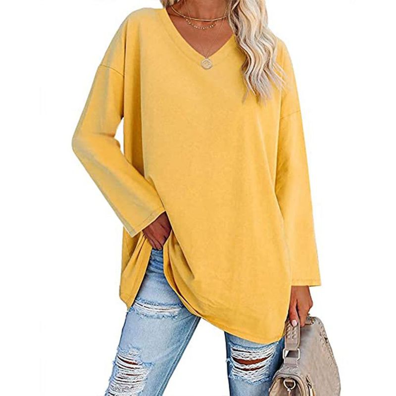 Camiseta extra grande, nova, solta, ombro caído, decote em V, cor sólida, top feminino, manga comprida_voghion.com