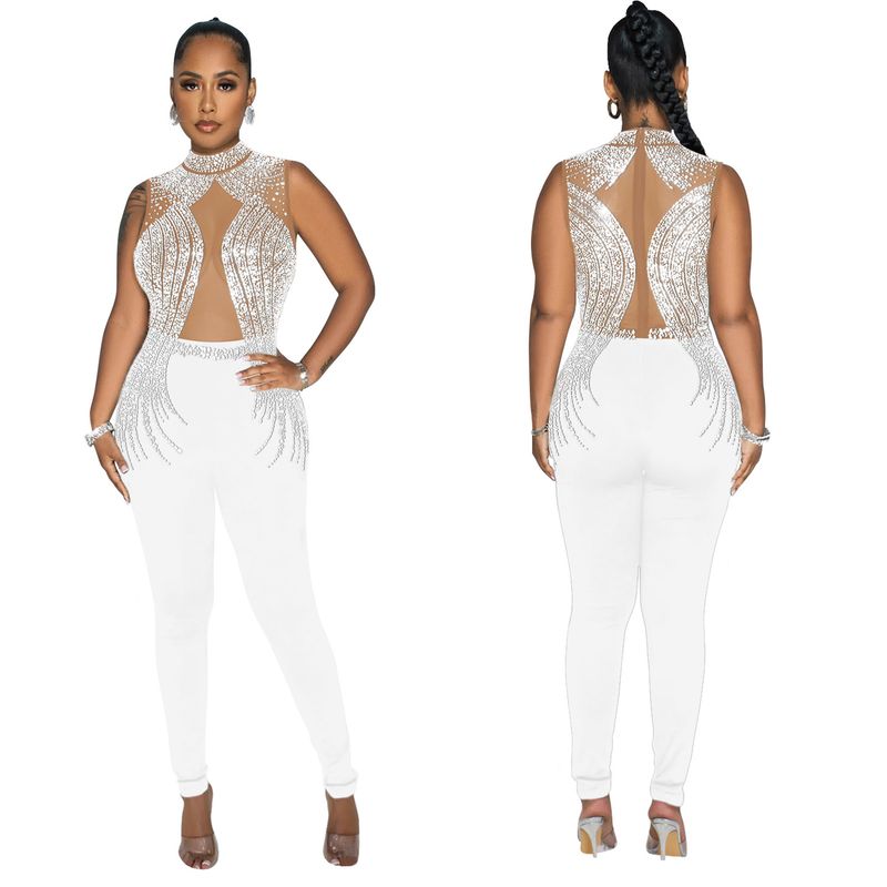 Vêtements pour femmes mode femmes couleur unie maille presse perceuse sans manches pantalon combinaison_voghion.com