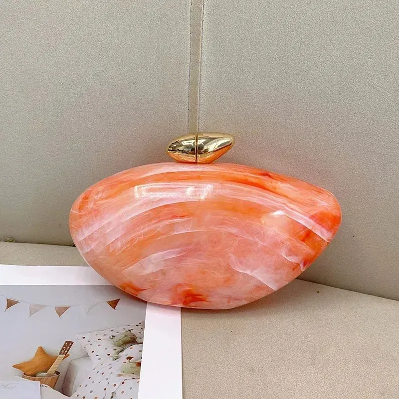 Borsa da sera a tracolla in acrilico elegante da donna, in marmo arancione perla, con pochette solida, per matrimonio, festa, 250529l_voghion.com