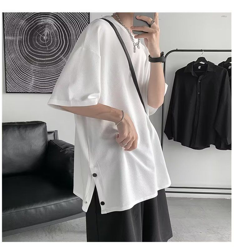 Trendy brand short T-shirt for men with irregular patchwork round neck design, fashionable split, solid color, half_voghion.com