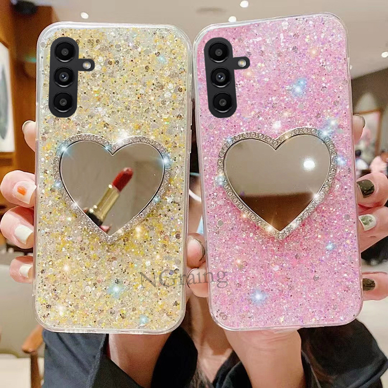 Telefoon Geval Voor Samsung Galaxy A54 A34 5G SamsungA34 Glanzende Diamant Zilver Perzik Hart Make-Up Spiegel Silicagel Soft cover_voghion.com