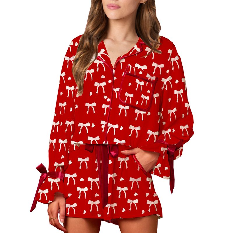 Kadın Pijama Takımları Baskılı Bol Ev Giyimleri Uzun Kollu Şort İki Parçalı Takım_voghion.com