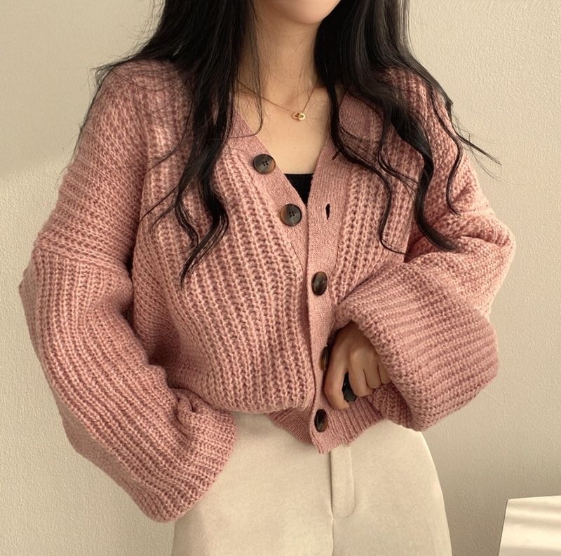 Korean Chic 2024 Herbst/Winter Lose Große Ausgabe Faul Laterne Langarm Strickjacke Kurze Pullover Jacke für_voghion.com