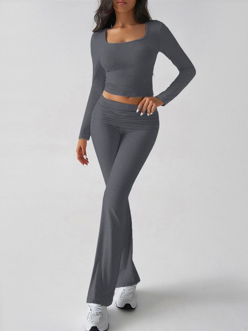 Completo da donna con top a maniche lunghe in maglia tinta unita e pantaloni da yoga – Completo casual comodo ed elasticizzato per lavoro e tempo libero_voghion.com