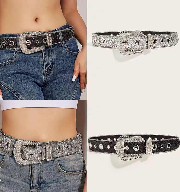 Curea la modă personalizată cu paiete pentru blugi, versatilă, pentru Instagram, Feng Shui, cu lățime de bandă din piele cu diamant, pentru decor, la modă_voghion.com
