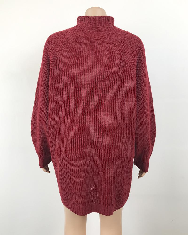 Knitted Sweater Mid-Length Raglan Sleeve Half Turtleneck Sweater Dress_voghion.com