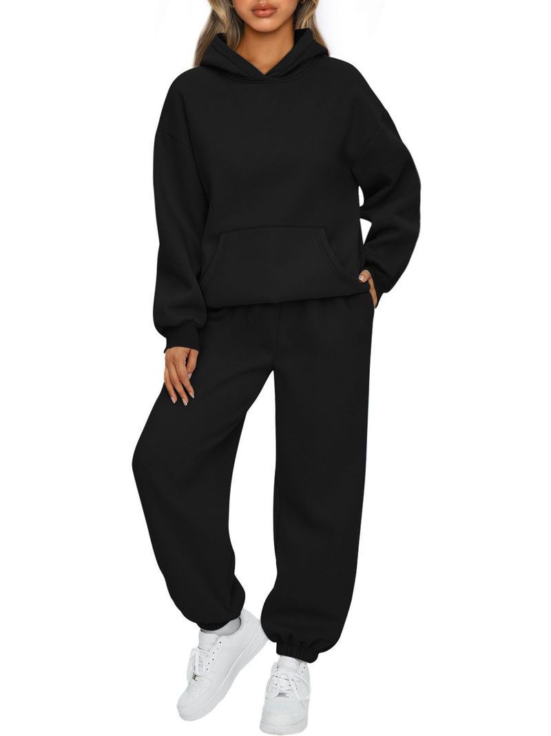 Ensemble sweat à capuche et jogging décontracté pour femme - Tenue deux pièces en polyester doux pour l'automne/hiver, tenue de détente confortable, grandes tailles disponibles_voghion.com