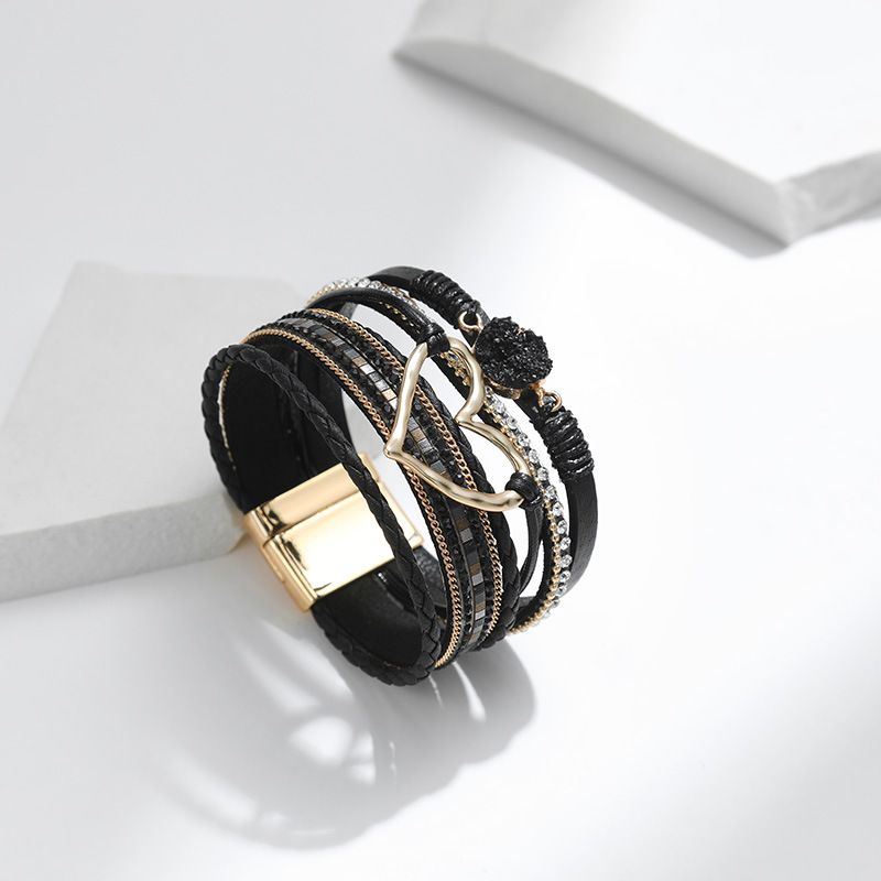 Set di bracciali a strati bohémien - Bracciale rigido regolabile a cuore aperto e catena con perline_voghion.com