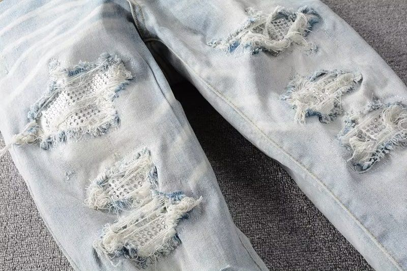High Street Chiu Brand New Re-wash Knife Cut Holes In The Beggar Sticker Elastic Slim-fit Jeans Man_voghion.com