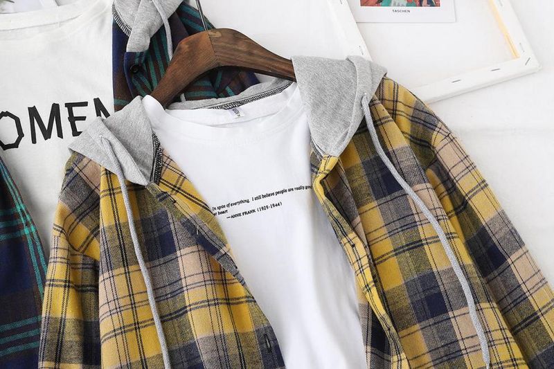 Abbigliamento da donna Camicie a quadri da donna primaverili, estive e autunnali. Camicia cardigan ampia con cappuccio in stile retrò Hong Kong_voghion.com