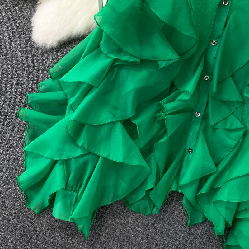 Women's Clothing Round neck irregular ruffled long sleeve loose single-breasted shirt women's spring and autumn design casual tops_voghion.com