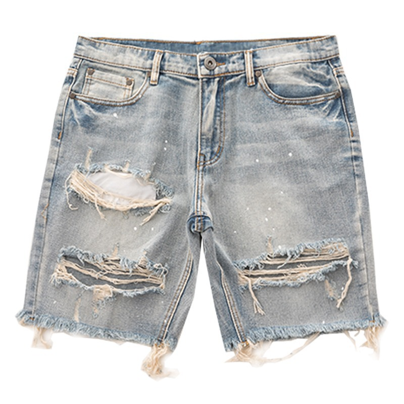 Vêtements pour hommes High Street Retro Hole Shorts Hommes Grande Taille Old Raw Edge Beggar Denim Shorts Ins_voghion.com