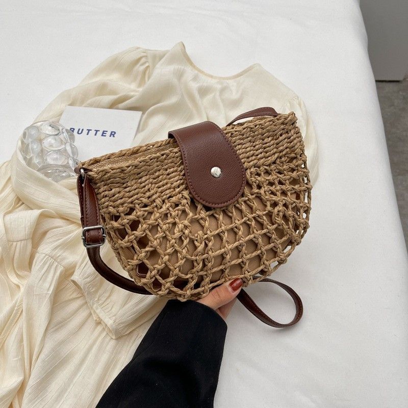 Borsa a secchiello rotonda francese, piccola erba fresca, semicircolare, intrecciata, con tracolla singola, da donna_voghion.com