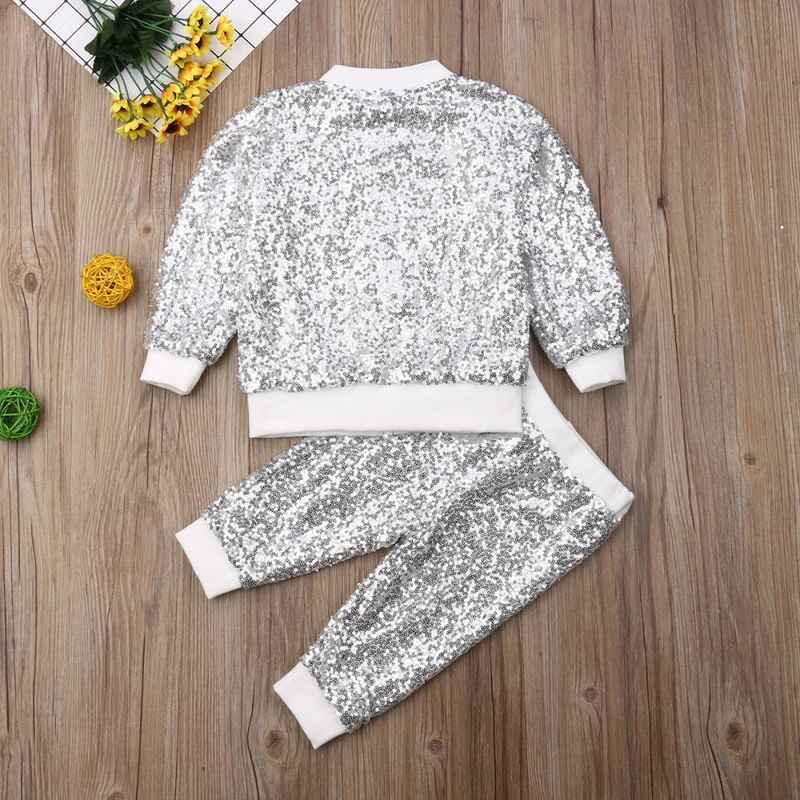 Mther & kids Primavera e Autunno Giacche per bambini Colletto alla coreana Maniche lunghe Top con paillettes + Pantaloni Set da due pezzi_voghion.com