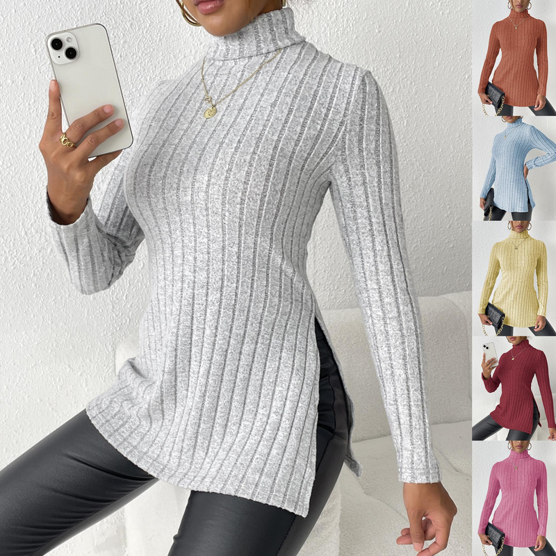 Women's turtleneck pullover slit slim-fit base pit striped medium length_voghion.com