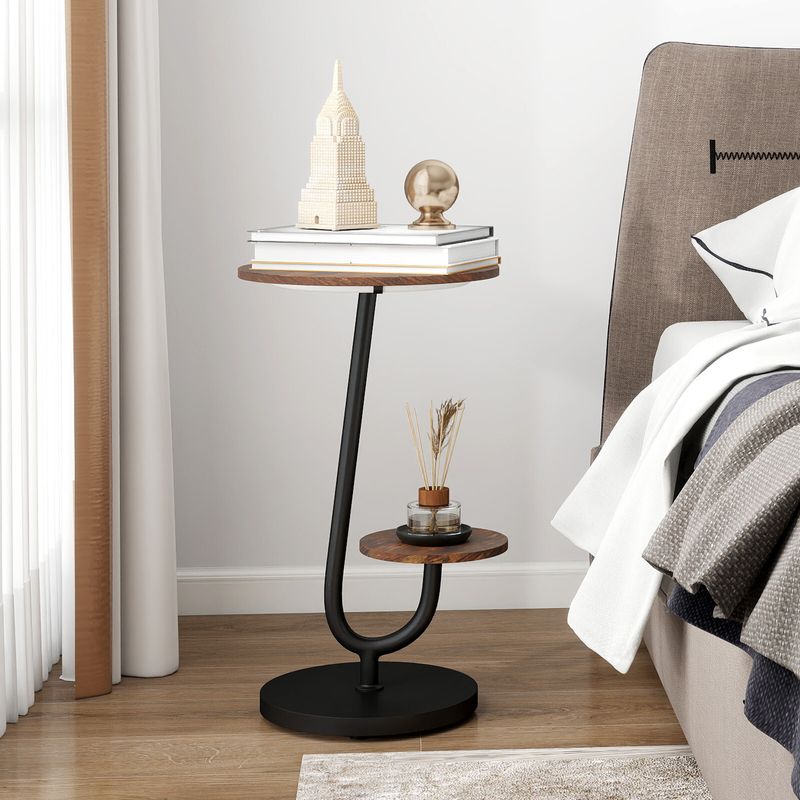 2 Tier Small Sofa Side Table With LED Light Living Room Coffee End Table Round_voghion.com
