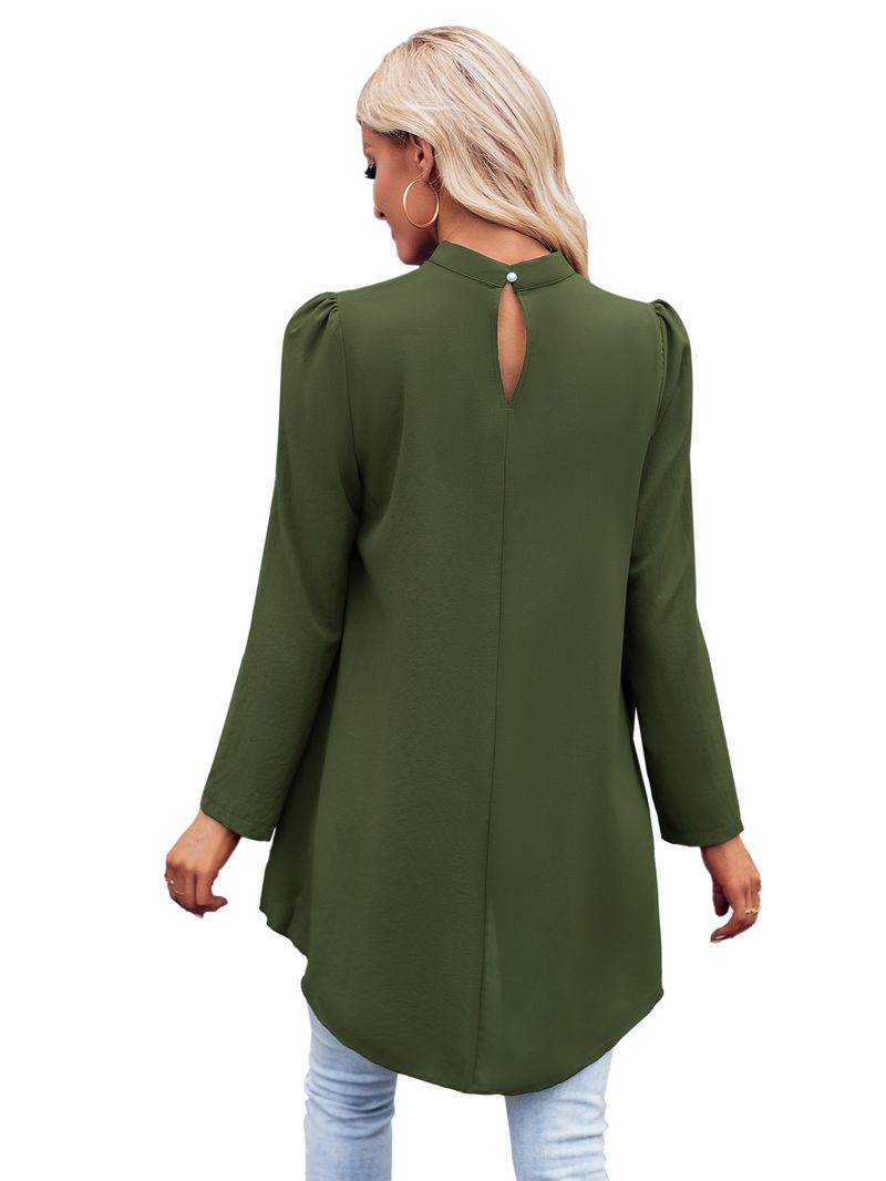 Abbigliamento da donna, camicia in due pezzi finta a maniche lunghe, tinta unita, collo semi-alto, casual, da donna_voghion.com