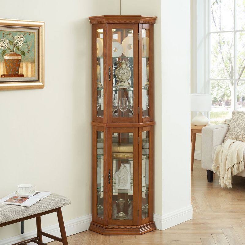 Corner Curio Cabinet Lighted Corner Display, Glass Display Shelf Shelving Bar Cabinet With Tempered Glass Door, Bar Cabinet,Cabinet With Adjustable Shelf Glass Cabinet Shelves Bead Bulb Included_voghion.com