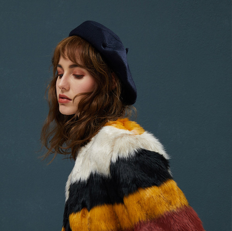 New Arrivals New Beret Women' Autumn and Winter Hat Fashion Pattern Striped Warm Rabbit Hair Knitting Versatile Black white red_voghion.com