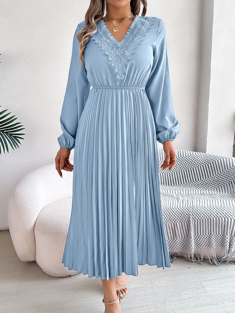Damenbekleidung Elegantes Temperament V-Ausschnitt Spitzentaille Plissee Langer Rock_voghion.com