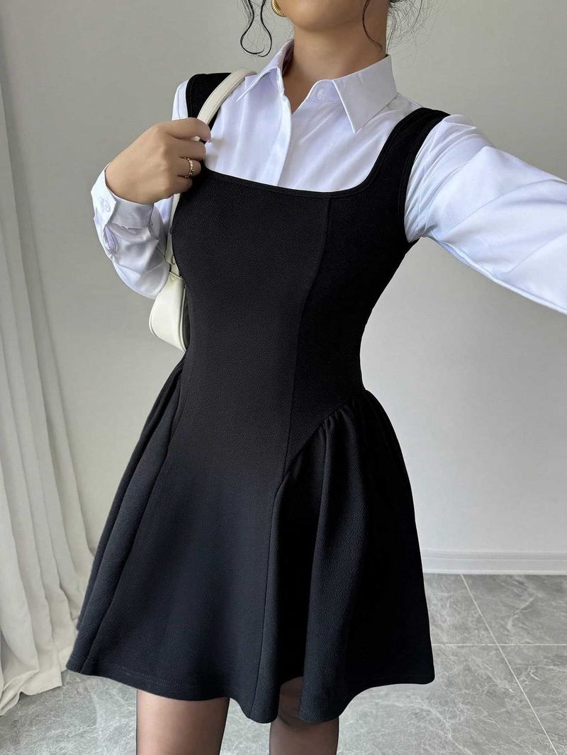 Damenbekleidung Lässiges, quadratischer Ausschnitt, einfarbiges, ärmelloses Minikleid, einfarbiges Korsett-Damenkleid_voghion.com