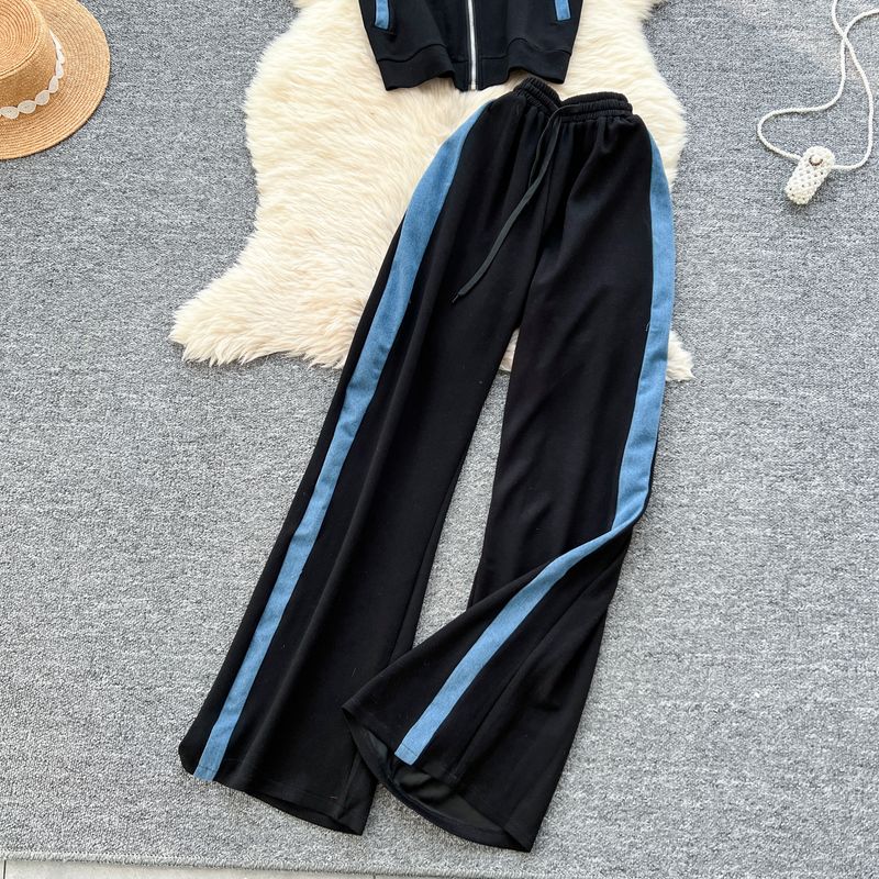 Kadın Giyim Moda Takım Elbise Kadınlar İçin Yaz Aylarında Kot Dikişli Kısa Kollu Fermuarlı Üst + Yüksek Bel Rahat Geniş Paça Pantolon_voghion.com
