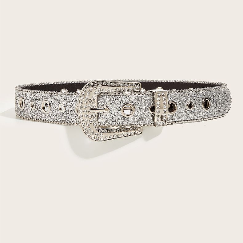 Cintura con strass dal design versatile, stile brillante, personalità alla moda, cintura in jeans con paillettes_voghion.com