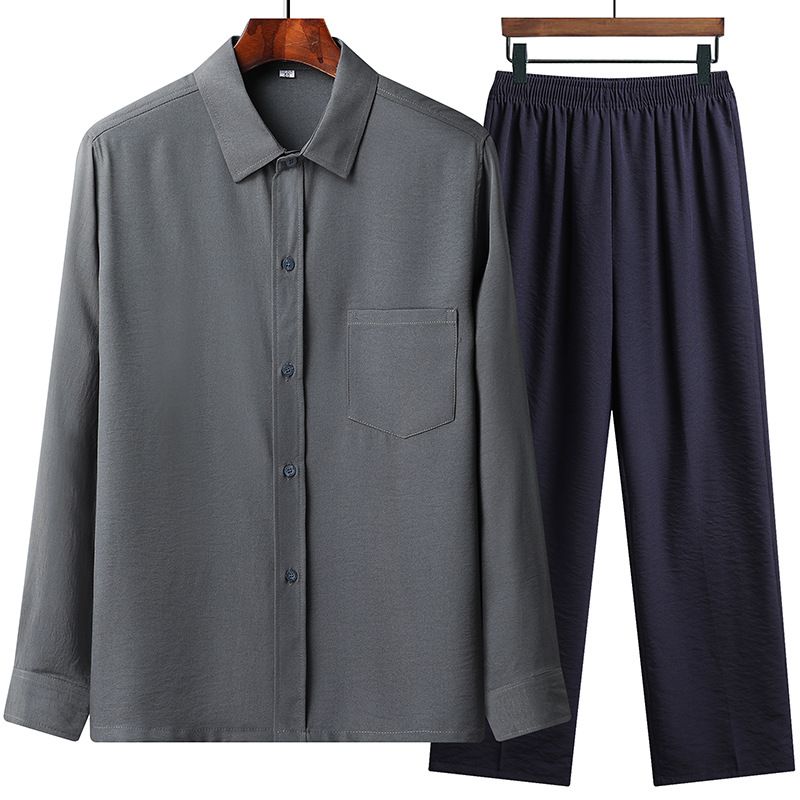 Camicia da uomo CT Dad's Primavera Autunno, camicia a maniche lunghe per mezza età e anziani, completo casual sottile in seta ghiacciata, maglietta del nonno_voghion.com